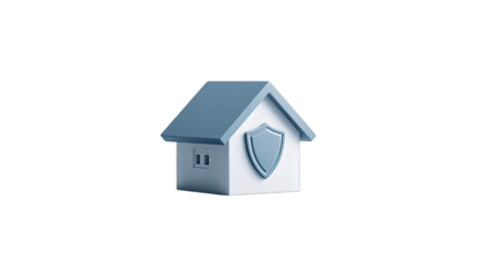 A simplified, 3D-rendered house with a shield emblem on its facade