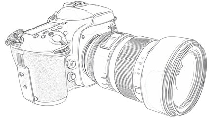 Detailed sketch of a professional camera with a large lens, artfully rendered