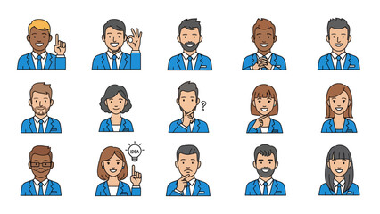 Diverse group of professionals in business attire gathered together, showcasing various gestures and expressions