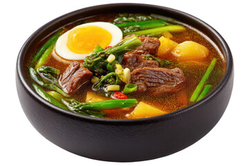 Hearty stew with tender beef, soft egg, potatoes, and greens in broth