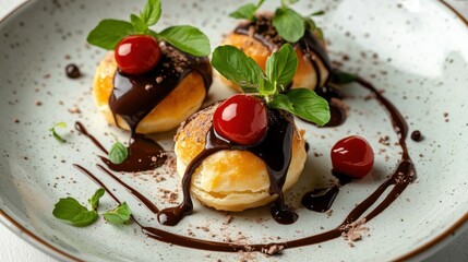 Delectable Cream Puffs Drizzled with Chocolate, Topped with Cherries and Mint on a Speckled Plate