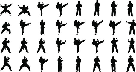 Martial arts fighter silhouettes practicing various combat poses, karate kick and training stances collection isolated on white background for sports design use