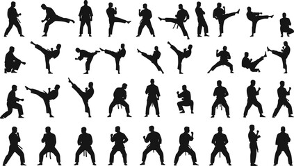 Martial arts fighter silhouettes collection, dynamic karate and kickboxing poses, action training movements for combat sport, fitness illustration, self-defense design