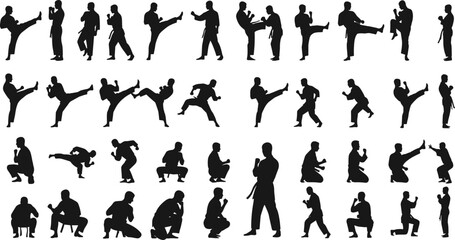 Martial arts silhouette collection, dynamic karate and kickboxing poses, action training movements for combat sport, fitness illustration, self-defense practice design