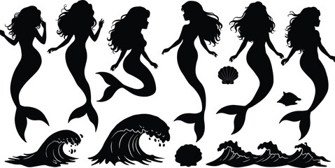 Mermaid silhouettes with seashells, ocean waves, coral illustration, fantasy sea creatures, marine artwork, mythology theme, underwater design, aquatic fantasy elements