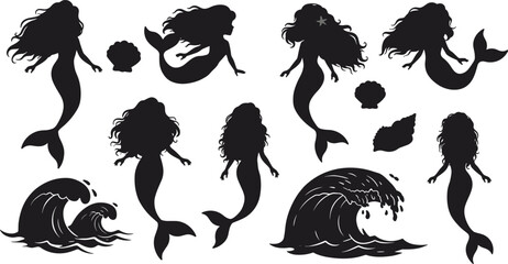 Mermaid silhouettes with seashells, ocean waves, fantasy sea creatures, marine artwork, mythology theme, underwater illustration, aquatic design, creative ocean elements