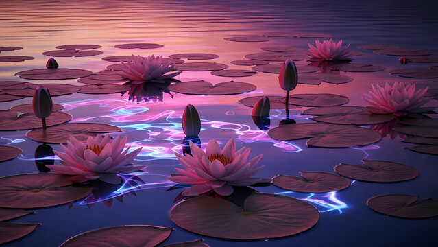 Main Subject: Pink water lilies and lily pads floating on a calm pond.