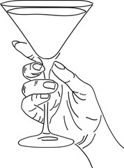 Minimalist Line Art Illustration of a Hand Holding a Martini Cocktail Glass