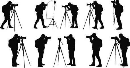 Silhouette of male photographers using cameras and tripods, professional photography setup, outdoor photo shoot, studio lighting, creative shooting concept, travel photography. © Creatives Sakib