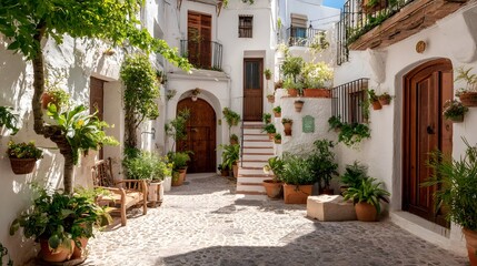 Naklejka premium Charming Spanish Courtyard with White Walls and Lush Greenery.