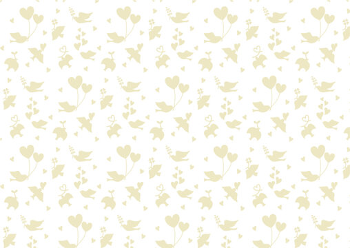 ハートと鳥のシルエットのシームレスパターン素材（ベージュ）