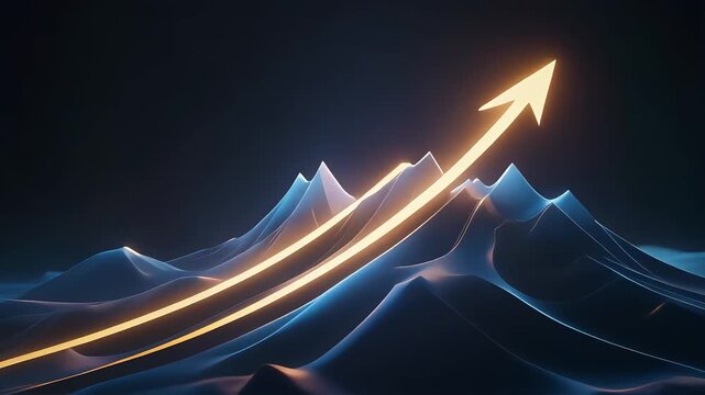 Glowing upward arrow rising over smooth blue abstract waves, symbolizing strategic growth, leadership, progress, and success with a premium cinematic look on a dark background.