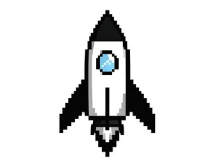 Obraz premium Pixelated rocket ship blasting off, white body with black wings and nose