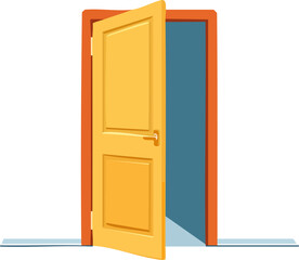 Flat vector illustration of an open yellow door with a bright blue interior, symbolizing new opportunities, welcome, and progress. Generative AI