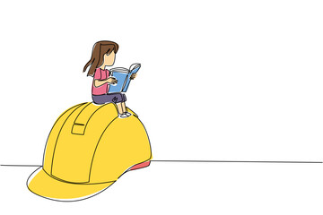 One line drawing of a girl reading a book sitting on a large yellow hard hat, an industry concept of international event World Day Against Child Labor education initiative.