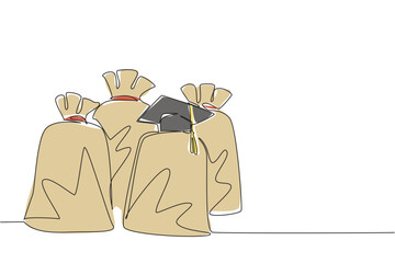 Single line draw of burlap money sack bag topped with a graduation cap, social concept for human rights. Symbolizing investment cost in school as an escape from poverty reduction and child protection