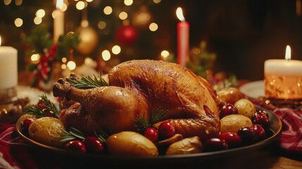 Golden roasted whole chicken on a festive Christmas table, surrounded by roasted potatoes, cranberries, and sprigs of rosemary, with glowing candles and holiday decorations in the background. 