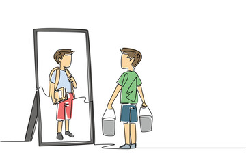 Continuous line draw of a boy carrying buckets full of brick and materials looking at his student reflection. Social concept of international event World Day Against Child Labor prevention initiative.