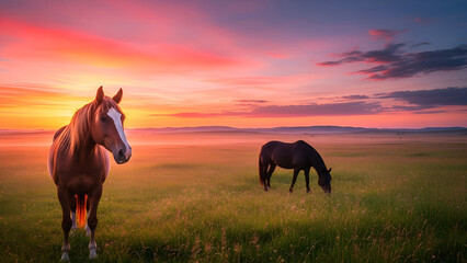 Main Subject: Two horses, one prominently in the foreground with a white facial blaze and one grazing in the distance.