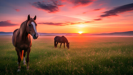 Main Subject: Two horses, one prominently in the foreground with a white facial blaze and one grazing in the distance.