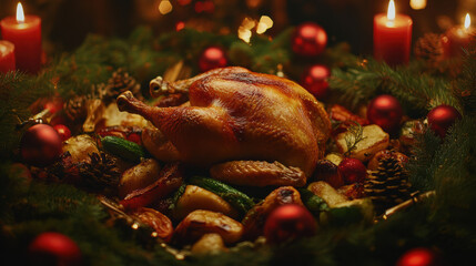 Golden roast chicken sitting on a bed of roasted winter vegetables, surrounded by red baubles, pinecones, and lit Christmas candles for a warm festive mood. 