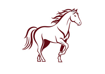 Obraz premium Elegant maroon outline drawing of a horse in a dynamic pose, with one front leg lifted, on a clean white background, suitable for a logo or emblem.