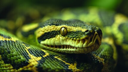 Fototapeta premium Close-up of a Green Anacondas Head in the Amazon Rainforest.