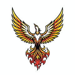 Obraz premium A colorful phoenix in a stylized design with wings spread on a white background