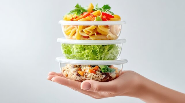 Realistic human arm and hand holding three stacked transparent tupperware containers filled with healthy meals on a clean white background with copy space