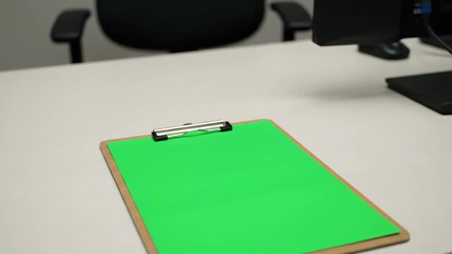 A green screen clipboard on a white desk in an office setting with a computer monitor and chair.