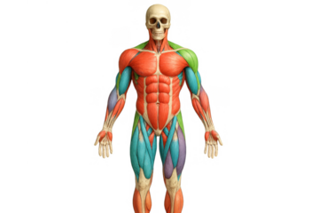 Human muscular system and skeleton showing anatomy, biomechanics, and medical structure on transparent background