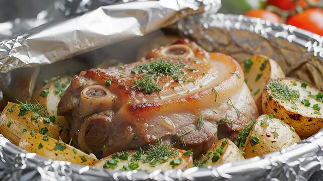 Delicious Roasted Pork Knuckle with Crispy Skin and Herbs Served with Potatoes in Aluminum Foil.