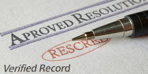 Approved resolution document with a close-up view of a pen highlighting a rescinded statement in red ink