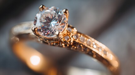 Close-up of a sparkling diamond engagement ring on a blurred background.