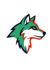 Obraz premium Stylized green, white, and red wolf head logo in profile with a sharp yellow eye, depicting a modern animal mascot.