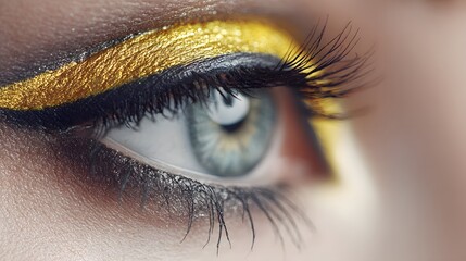 Close-up of a striking eye with gold eyeliner and long lashes.