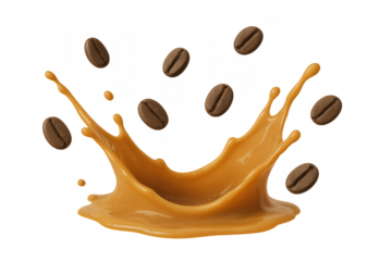 Coffee splash with pouring milk or cream and flying beans, brown liquid drink, transparent background