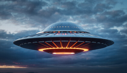 Obraz premium Futuristic UFO Spaceship Hovering in Dramatic Stormy Sky.