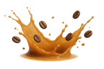 Coffee beans splashing into a liquid coffee or cream creating a dynamic motion on a transparent background
