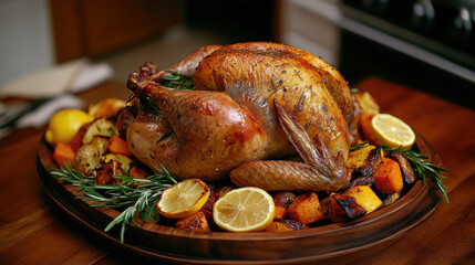 Golden roasted whole chicken on a rustic wooden platter, surrounded by fresh rosemary, lemon slices, and roasted vegetables under warm, natural light.