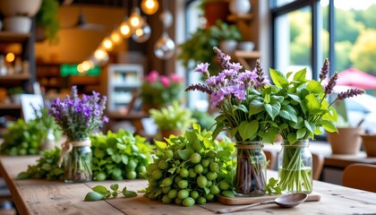 Vibrant Herb and Lavender Arrangement Sunlit Market Scene