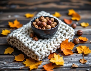 Rustic Still Life with Autumn Leaves and Nut Bowl