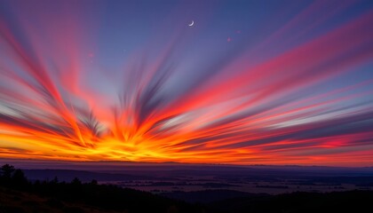 Fototapeta premium Sunset Sky with Crescent Moon Over Hilltop Silhouettes