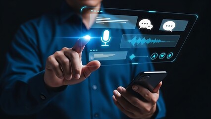 Man in blue shirt interacting with futuristic digital interface on smartphone in dark setting with glowing blue graphics