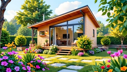 Fototapeta premium Ecofriendly Tiny House Lush Garden Under Warm Sunlight