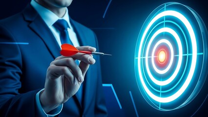Businessman in a suit aiming a dart at a glowing blue target on a dark background with precision and focus