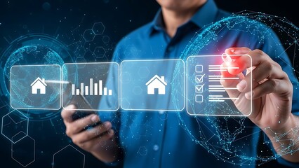 Businessman interacting with virtual home and data analysis icons on a futuristic interface