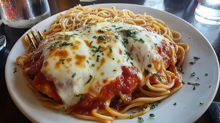 Gourmet chicken parmesan topped with melted mozzarella cheese and marinara sauce, served with a side of spaghetti and sprinkled with basil. 