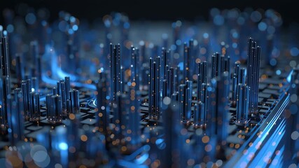 Digital Cityscape: Abstract Futuristic Skyline with Flowing Data Streams and Circuit Board Architecture - Powered by Adobe