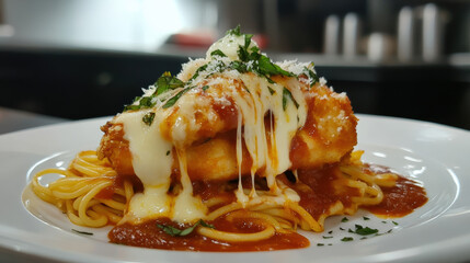 Gourmet chicken parmesan topped with melted mozzarella cheese and marinara sauce, served with a side of spaghetti and sprinkled with basil. 